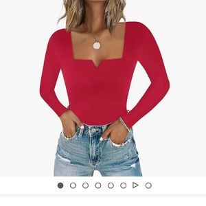 Chunpin XL red square neck notch V neck long sleeve thong bodysuit